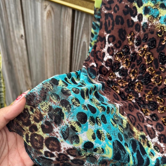 sheer mesh leopard print blouse sequins blue brown green long sleeve - Picture 4 of 7